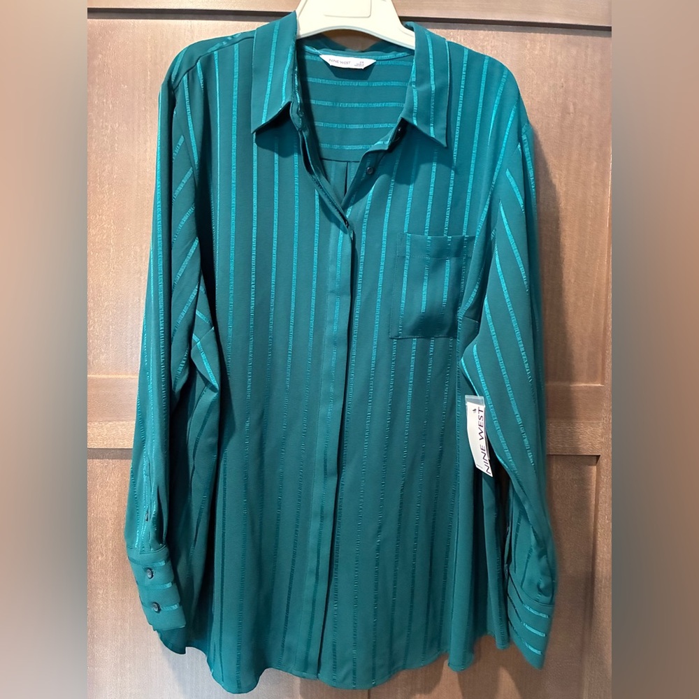 Nine West Teal Striped Button Down Shirt
